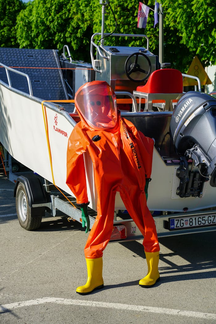 An orange hazmat suit displayed in front of a boat, ideal for emergency readiness themes.