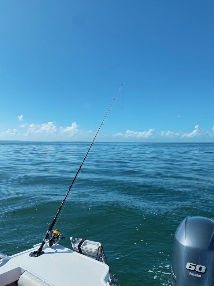 Peaceful ocean fishing scene with a fishing rod on a boat under a clear blue sky.
