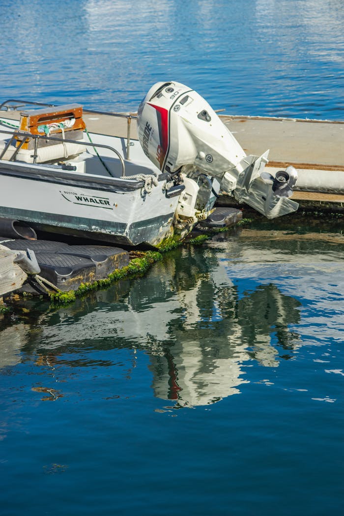 A sleek motorboat docked at a marina, reflecting beautifully on the calm water surface under clear skies.
